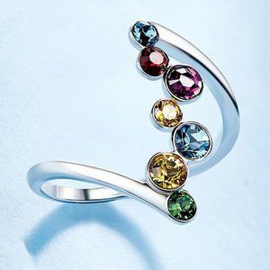 925 Silver Plated Eternity Rainbow Colorful CZ Ring for Women, HA4456-6